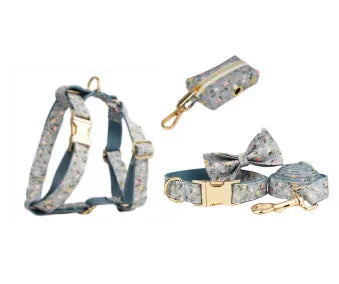 Blue floral patterned cloth dog collar and leash set with matching vest and bow accessories.