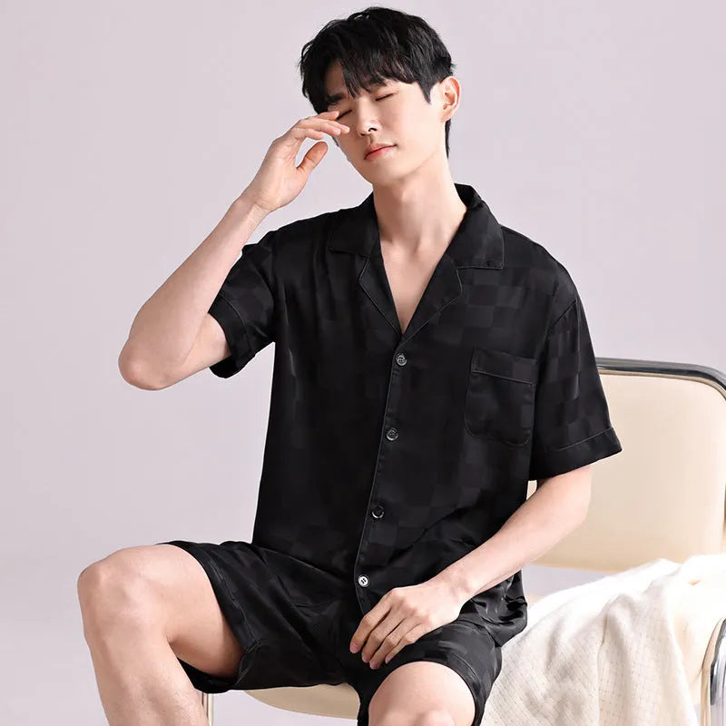 Men's ice silk pajama set with satin jacquard plaid pattern in cardigan style and shorts
