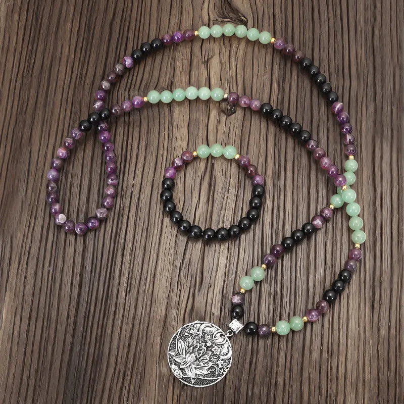 Yoga lotus pendant necklace and bracelet set with handmade stone beads and geometric alloy pendant