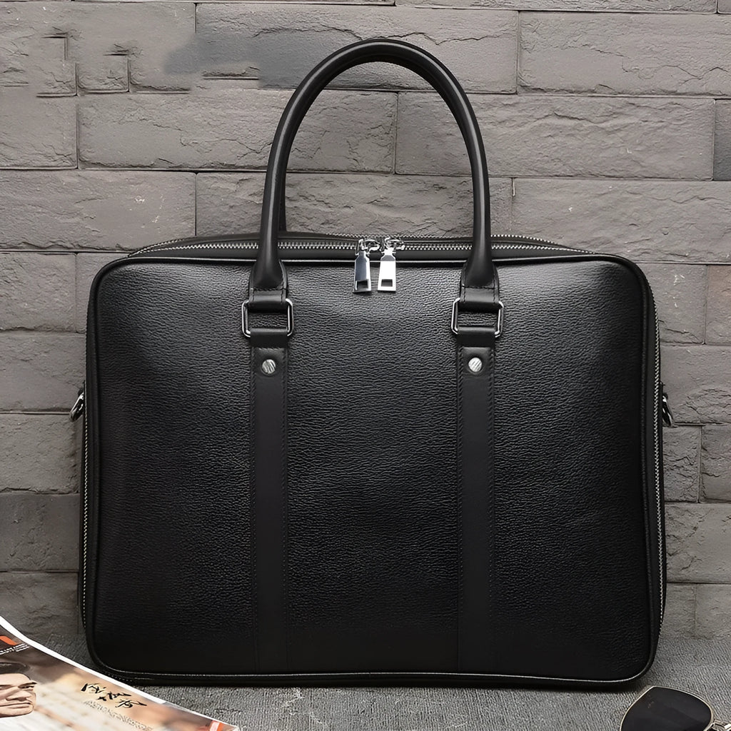 Men's black genuine cowhide leather handbag with double zipper, 14 inch, for business travel