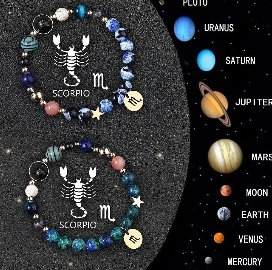 Set of two natural stone beaded bracelets with zodiac sign charms on an adjustable cord.