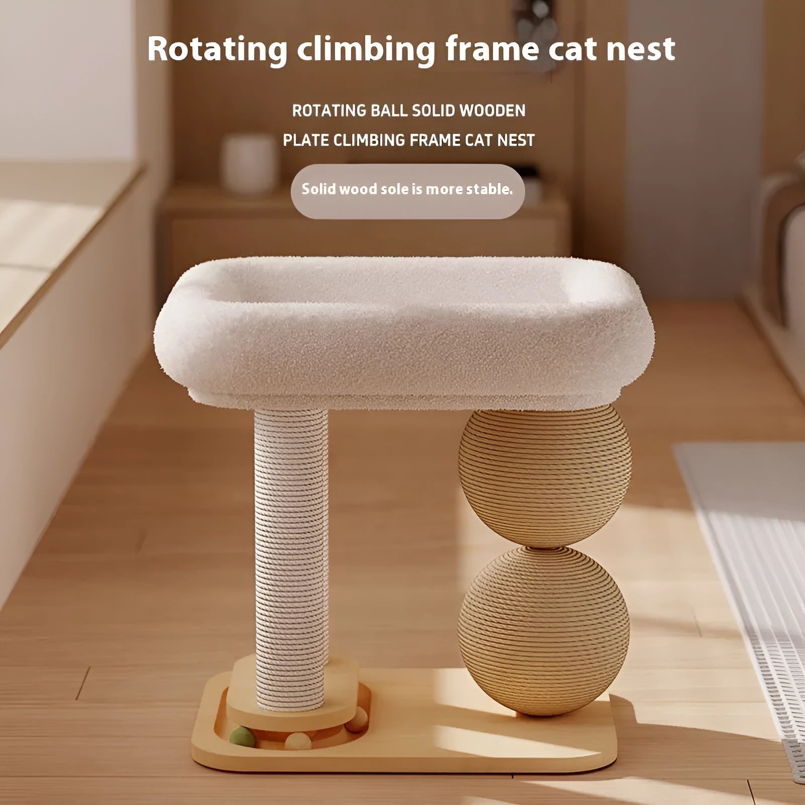 Pine wood cat nest with sisal scratching surfaces and double-ball design for feline play and rest