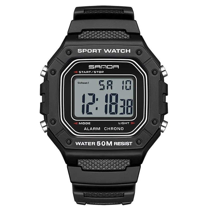 Swimming waterproof youth electronic watch with simple alarm clock in black colour option