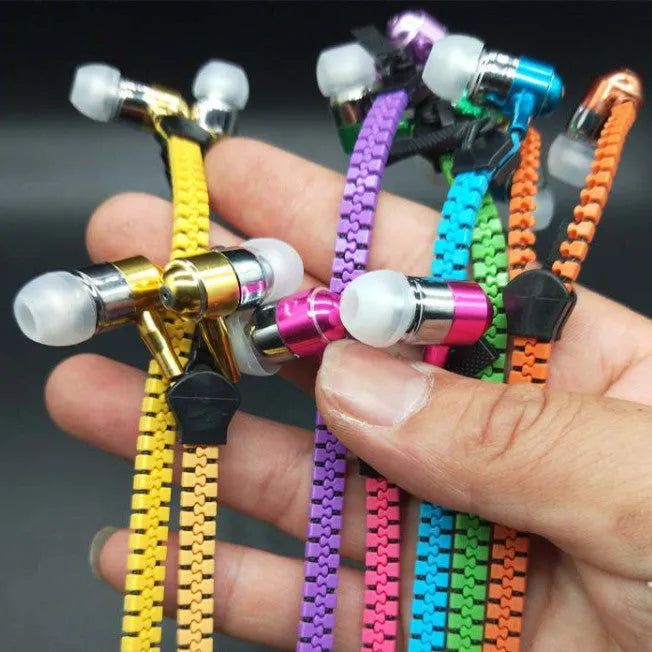 Blue wired earphones with glowing zipper cord, alloy metallic housing, and gold-plated 3.5mm plug
