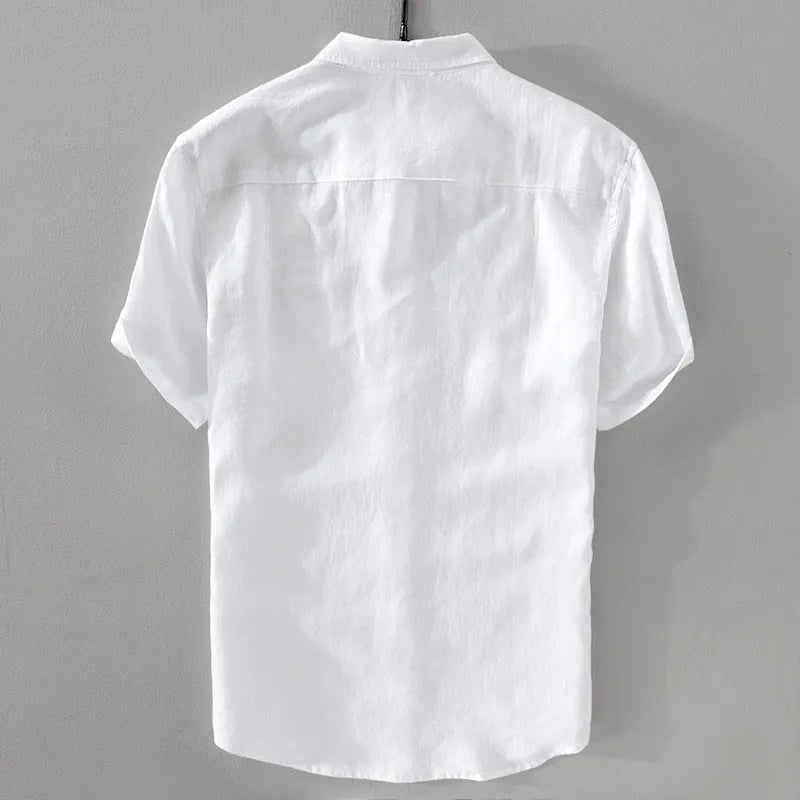 Men's loose fit short sleeve shirt in a cotton linen blend fabric, shown in a solid colour.