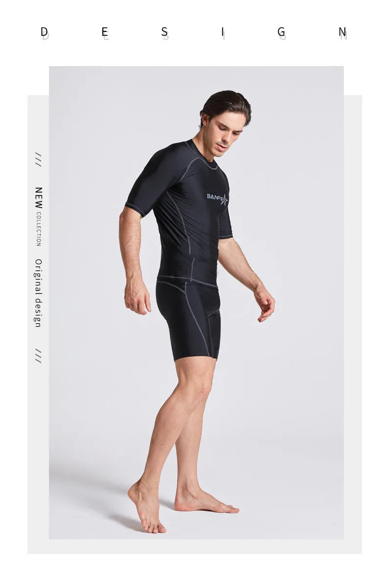 Men's half sleeve swimsuit wetsuit in nylon fabric for snorkelling and surfing activities