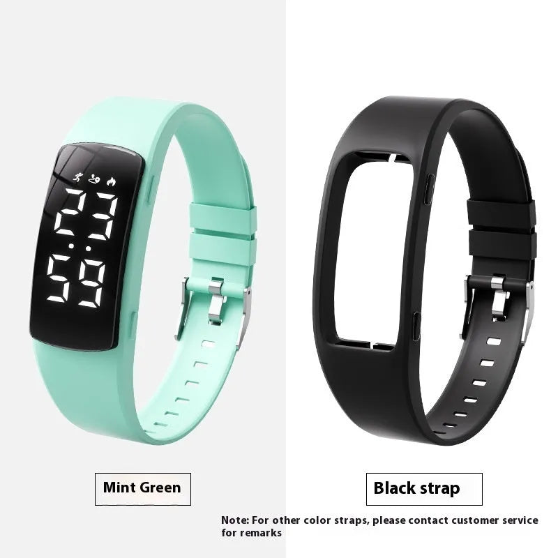 Vibration alarm smart watch with coloured silicone strap and LED display on wrist