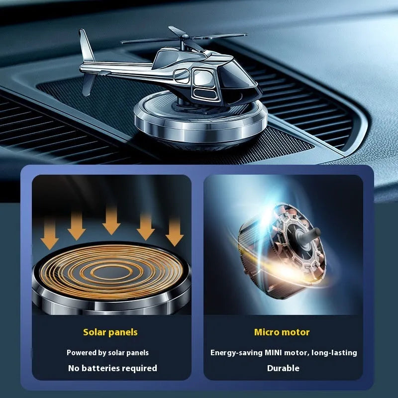 Solar-powered metal helicopter car air freshener ornament with rotating blades in three colour options