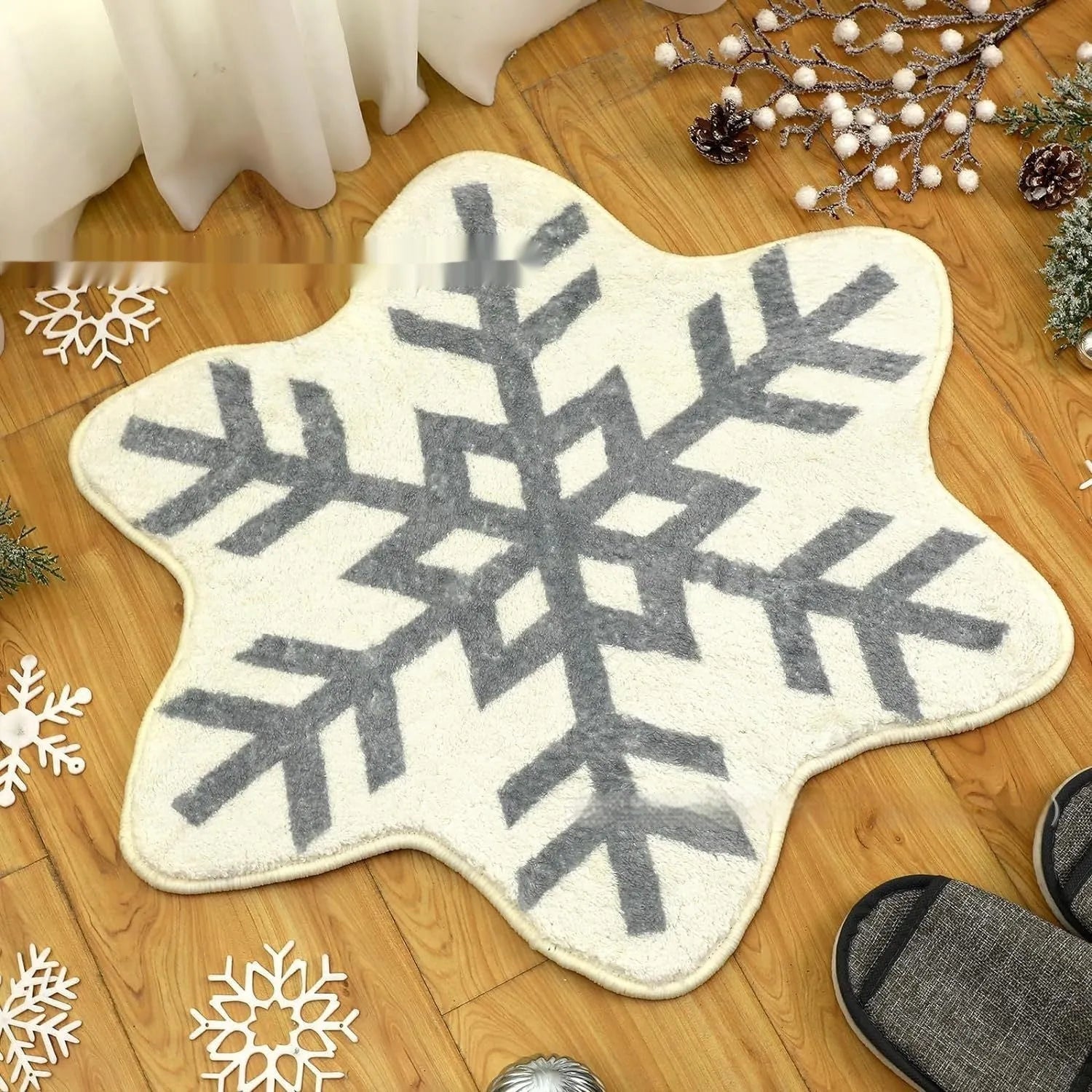 Christmas round pad design printed on a soft, square polyester fibre carpet.