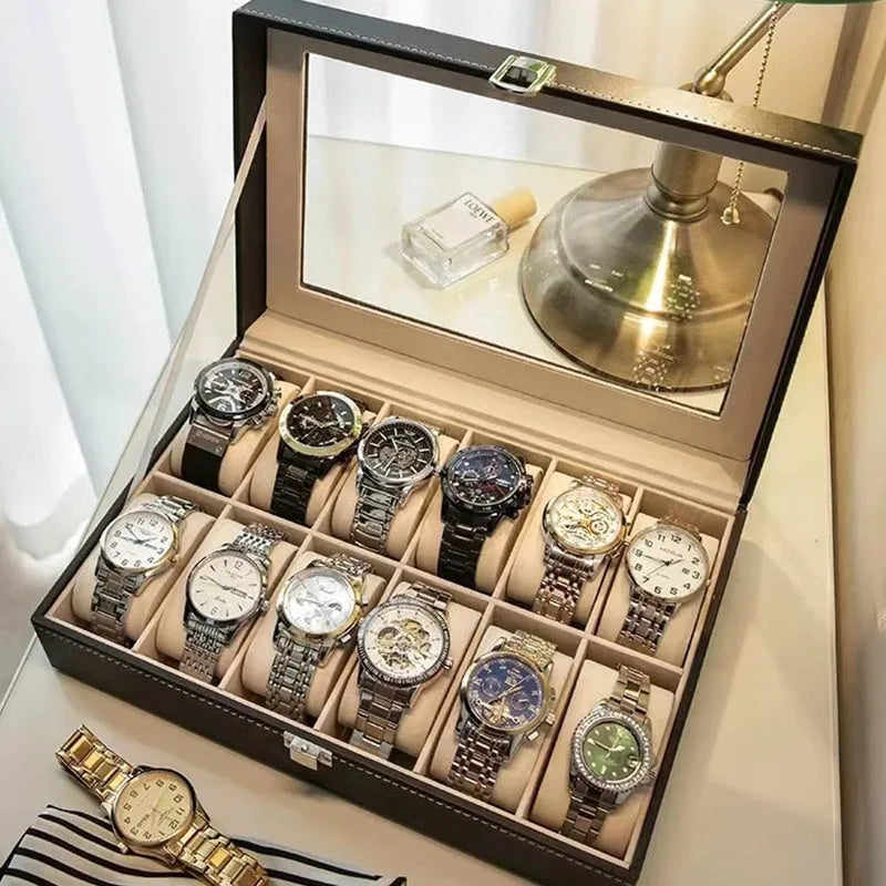 Grey high-grade leather watch storage box with dustproof see-through lid showing multiple watch compartments