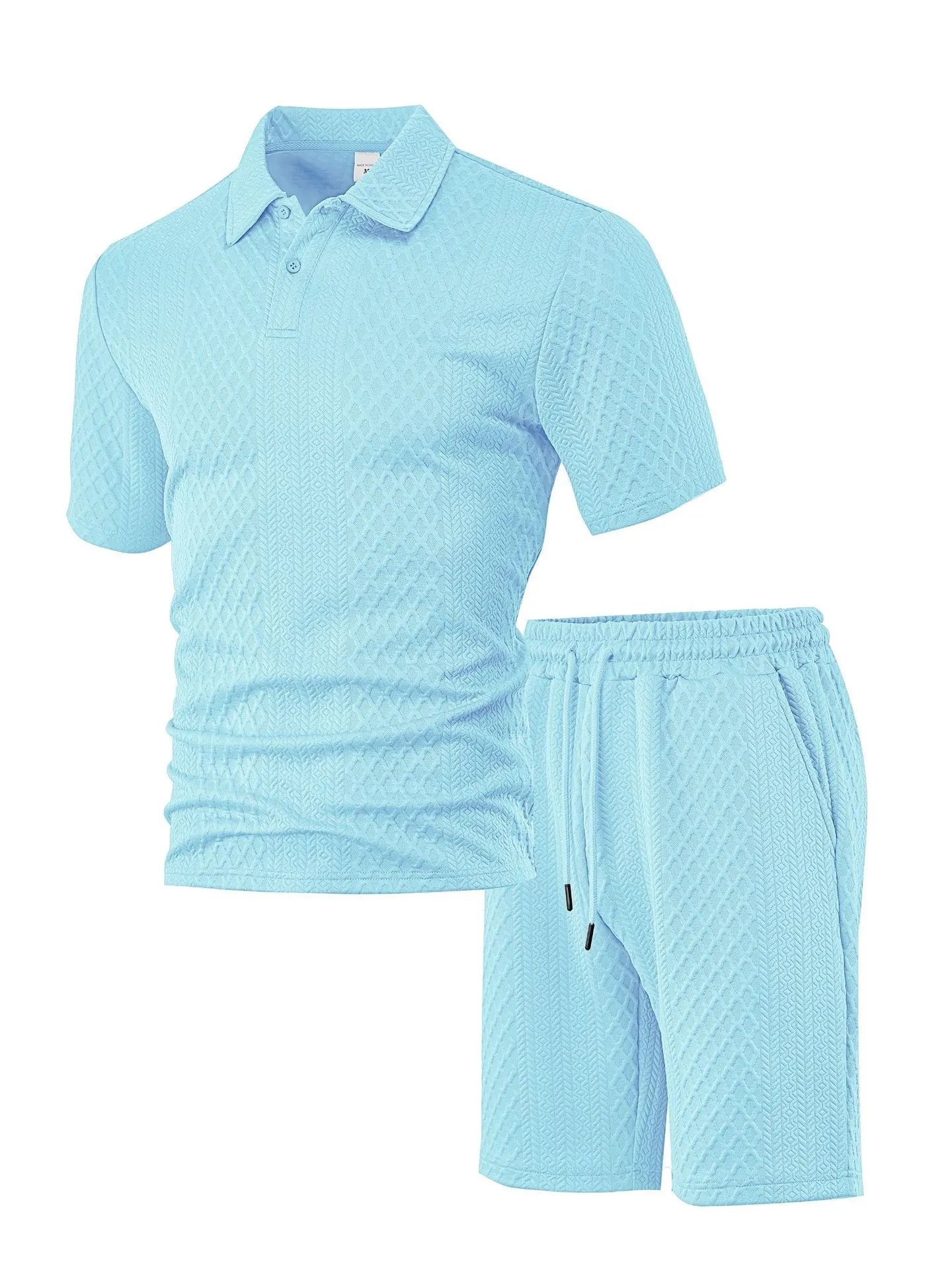 Men's light grey casual short sleeve suit with polo shirt and trousers on a hanger