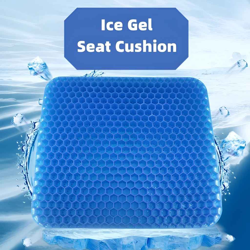 A blue breathable honeycomb gel seat cushion with a removable cover, shown on a wooden chair.