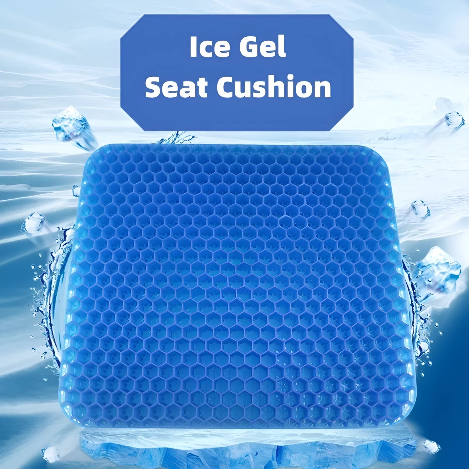 A blue breathable honeycomb gel seat cushion with a removable cover, shown on a wooden chair.