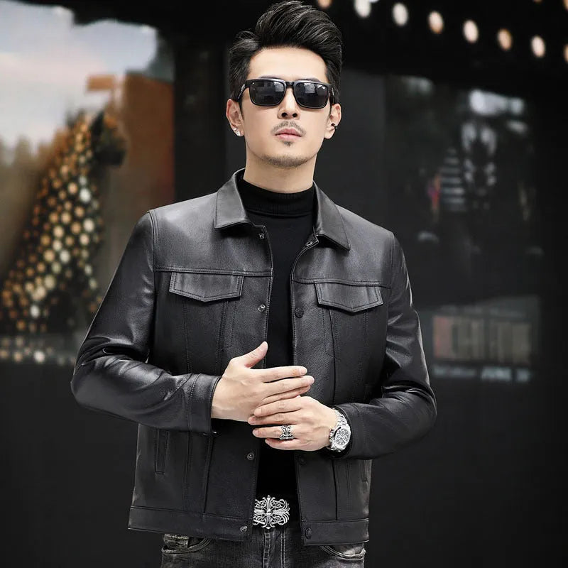 Men's black first-layer cowhide leather jacket with polo collar, front view, daily wear