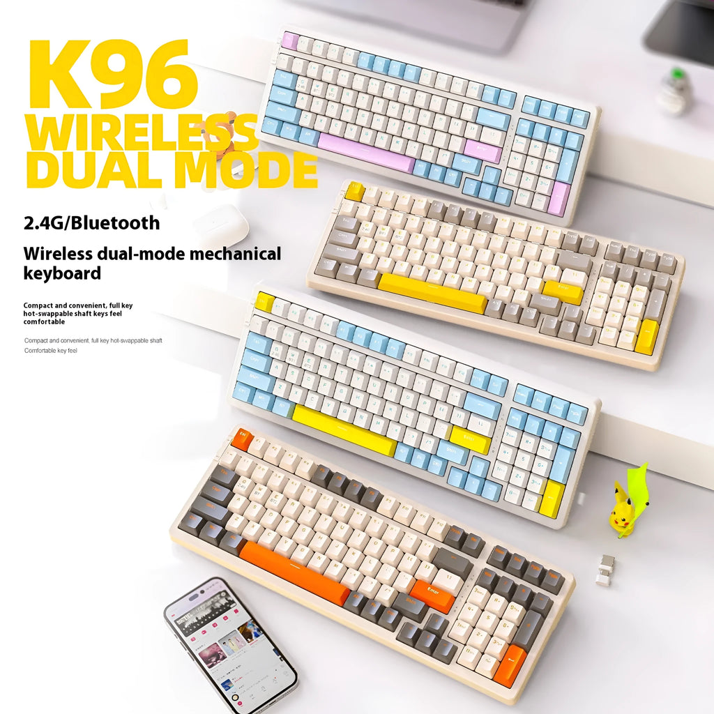 Free Wolf K96 Bluetooth dual-mode mechanical keyboard with red switches in blueberry, cheese, lemon, and shimmer colour options