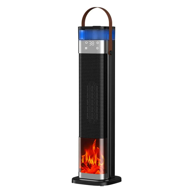 Tall vertical ceramic space heater with humidifier function and remote control on a wooden floor.