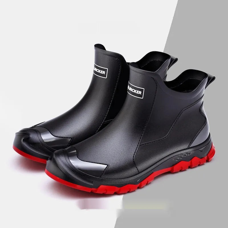PVC outdoor wading boots in beige and black with red, showing round toe and non-slip plastic sole.