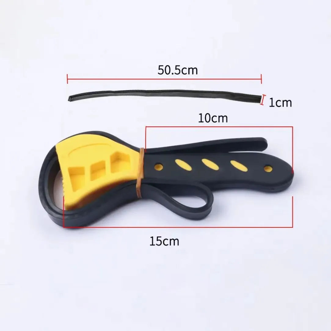 Adjustable rubber strap wrench with plastic handle showing 6-inch and 8-inch size options