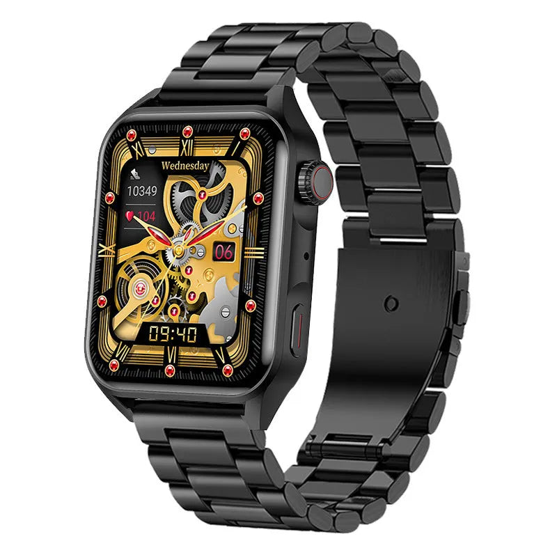 Pink smartwatch with AMOLED screen showing multiple watch dials and a silicone strap on a wrist