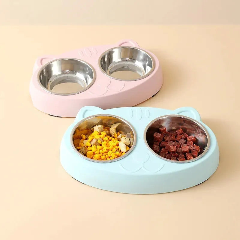 Blue plastic pet feeding tray with double bowl design and four compartments for cat or dog food and water