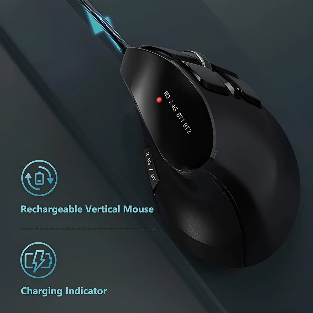 Wireless Bluetooth dual-mode rechargeable optical mouse in black, compact 15x8x5cm size