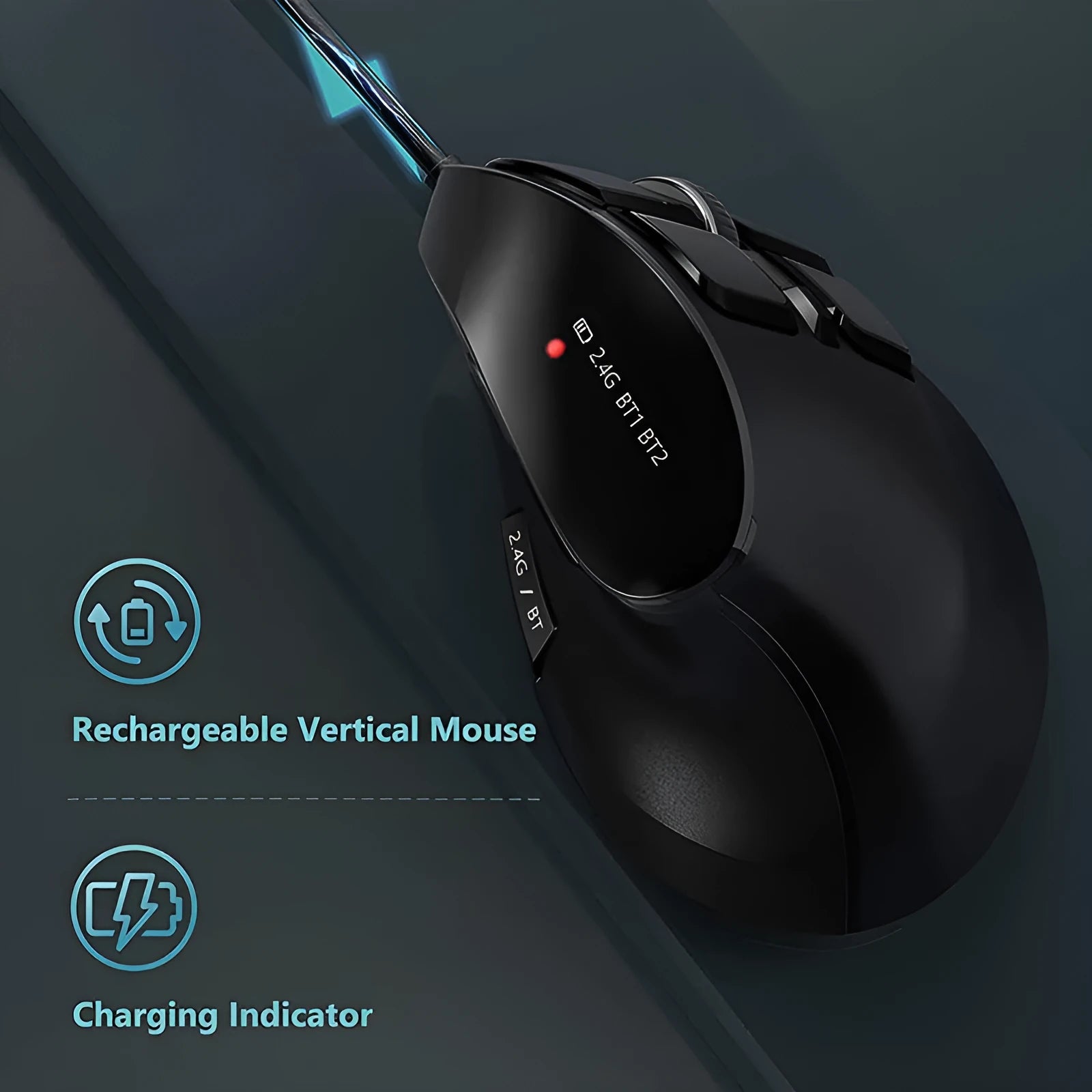 Wireless Bluetooth dual-mode rechargeable optical mouse in black, compact 15x8x5cm size