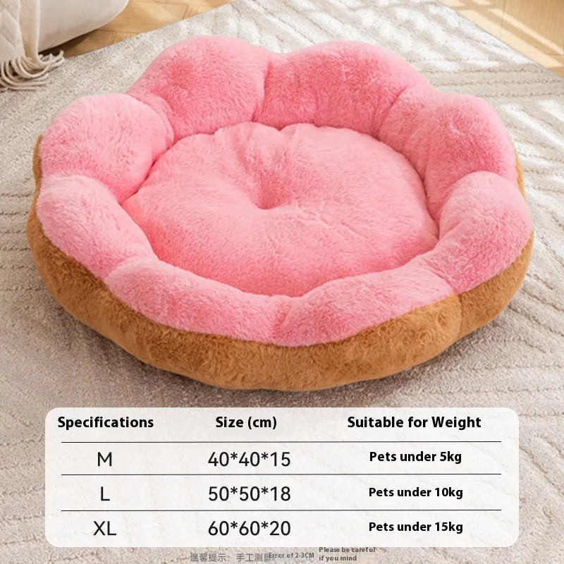 Round detachable rabbit plush pet bed in brown gray colour showing thick fabric and nest shape