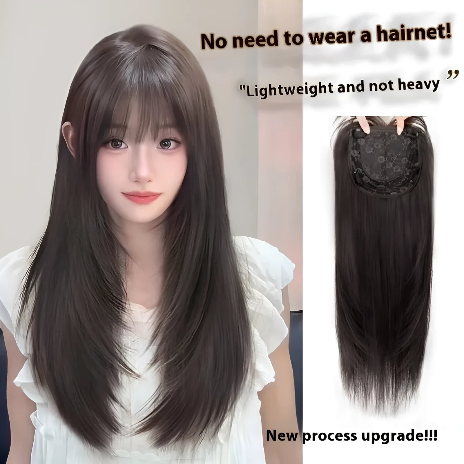 Full-head wig with long straight black layered hair and brown black bangs