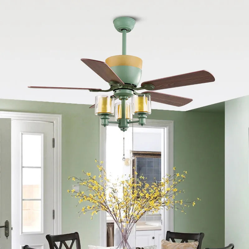 American style dark green 48-inch ceiling fan lamp with wood leaf blades and glass light shade for dining rooms