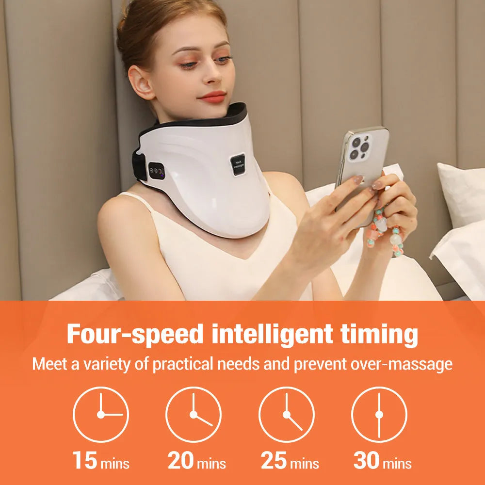 Electric neck massager in white with air pressure pads and wrapped design, featuring hot compress and traction functions