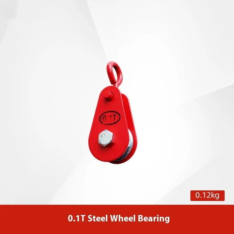 Red industrial lifting pulley with a forged steel safety hook and single wire rope wheel.