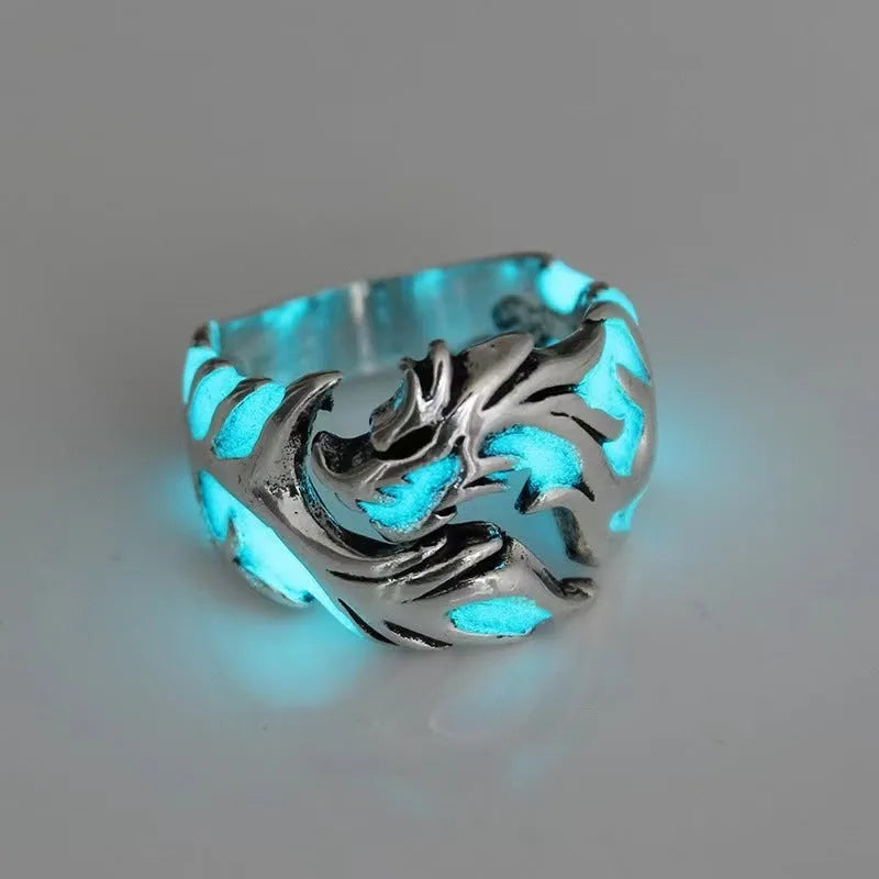 Chinese style adjustable ring with luminous dragon pattern in antique silver blue and green electroplated metal