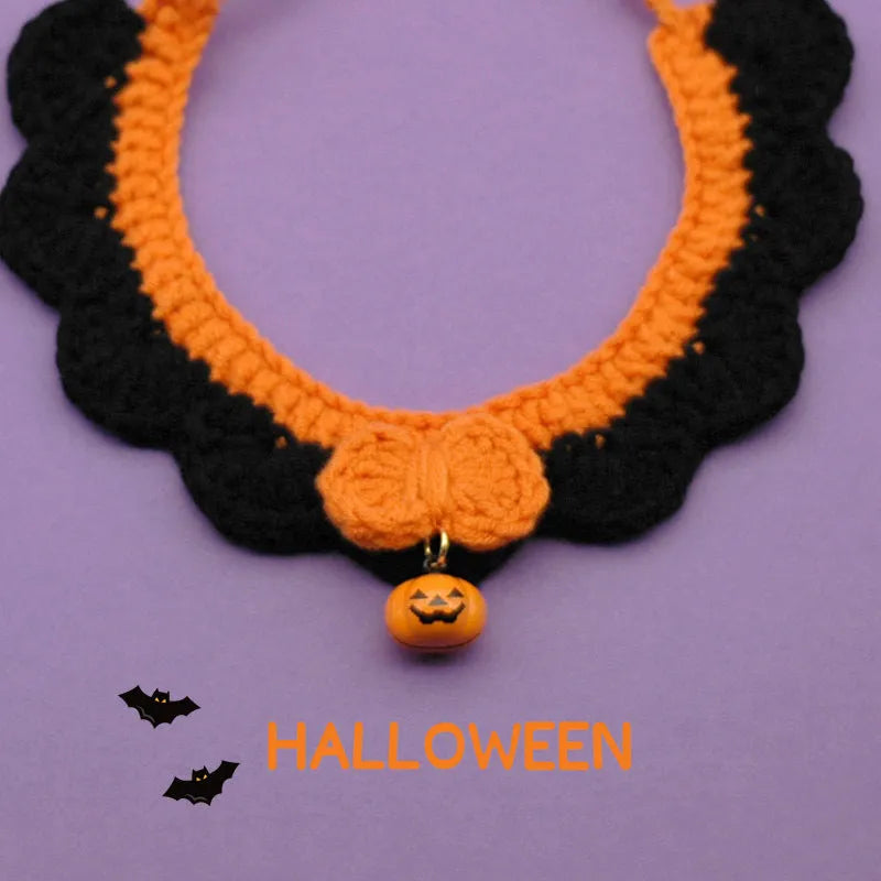 Hand-crocheted wool pet collar in pumpkin colours with adjustable sizing
