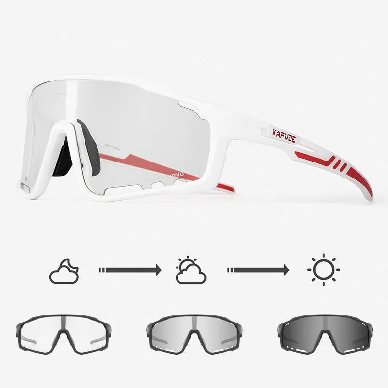 Photochromic cycling sunglasses with a semi-rimless TR90 frame shown in one of fourteen colour options.