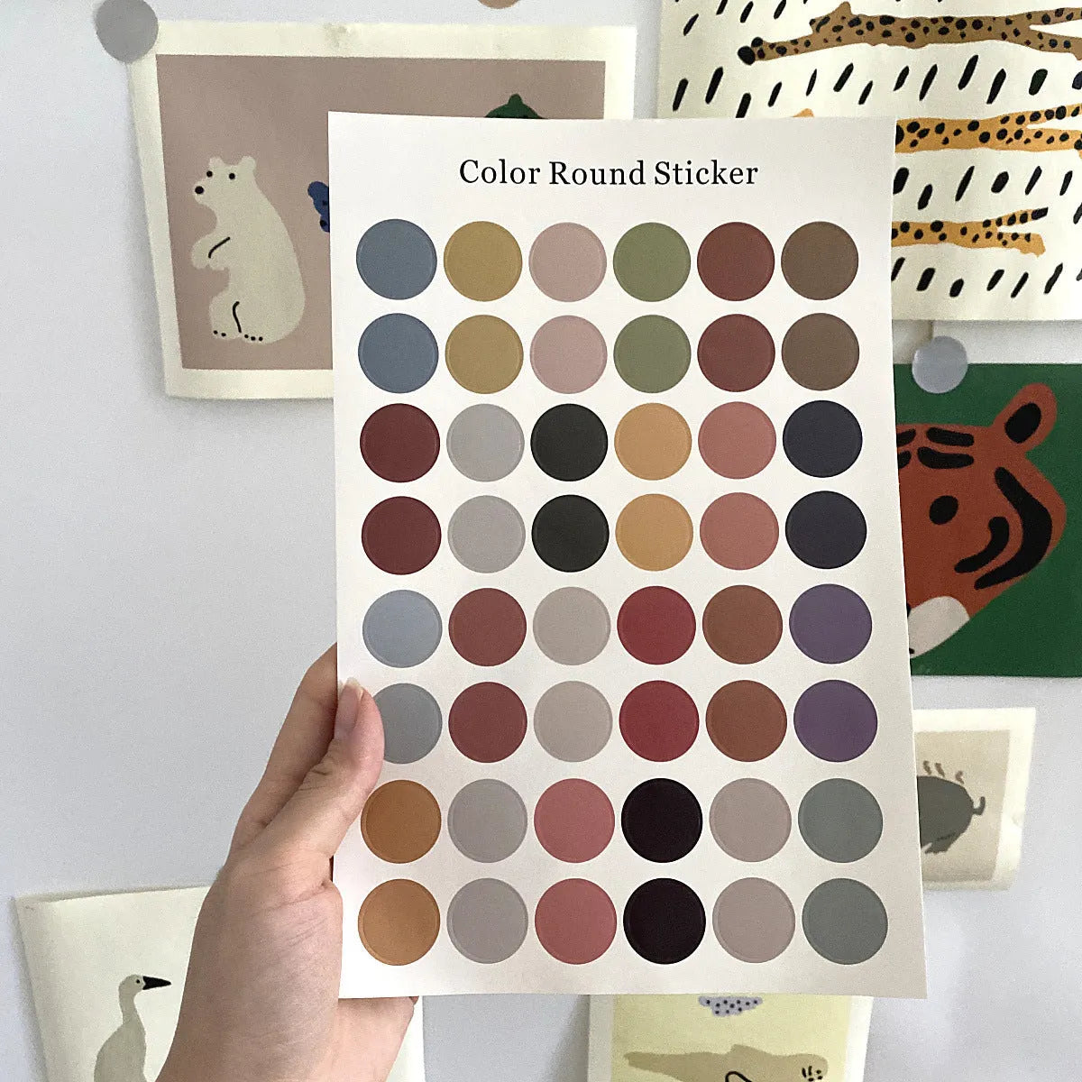 Morandi earth colour polka dot seal sticker sheet with 48 die-cut 2 cm circle stickers on an A5 size 16x24.5 cm sheet