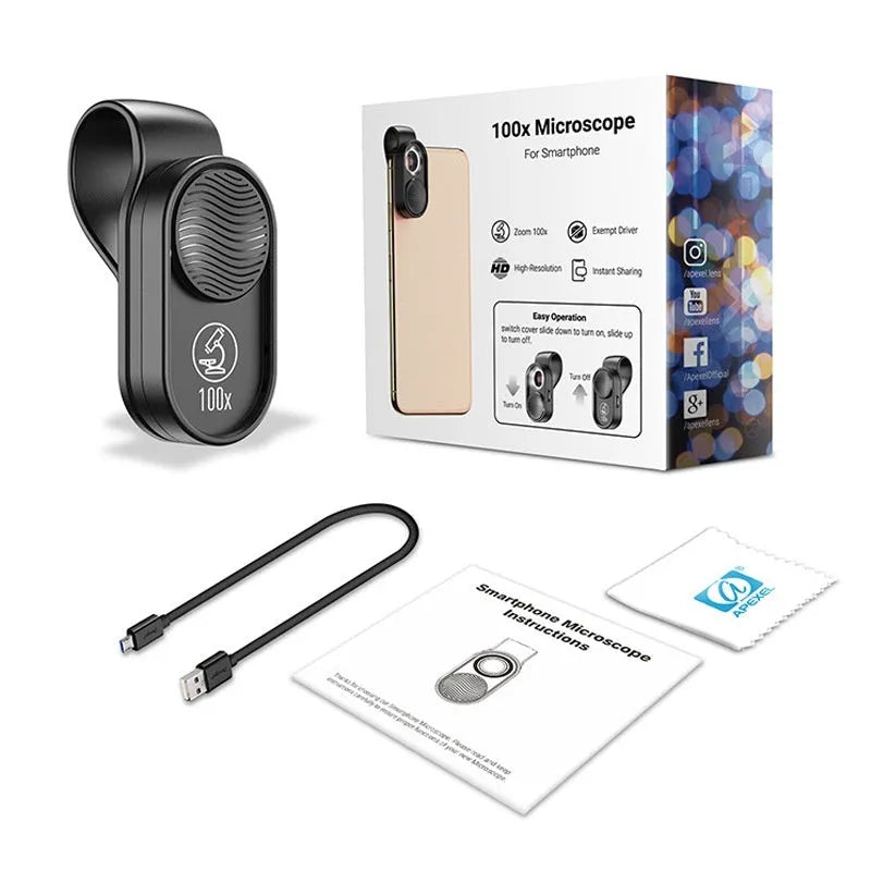 Black mobile magnification microscope clipped to smartphone with six LED lights illuminated, 100x lens, Micro USB charging port visible