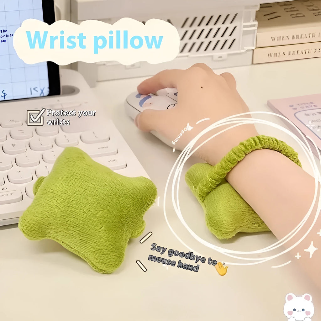 Plush wrist protector mouse pad in blue, green, or pink colours for comfortable typing support