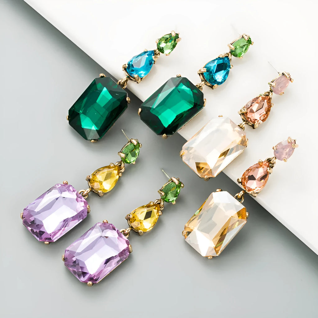 Pair of minimalist rhinestone geometric earrings in round shape, available in purple, green, or brown, European American fashion style.