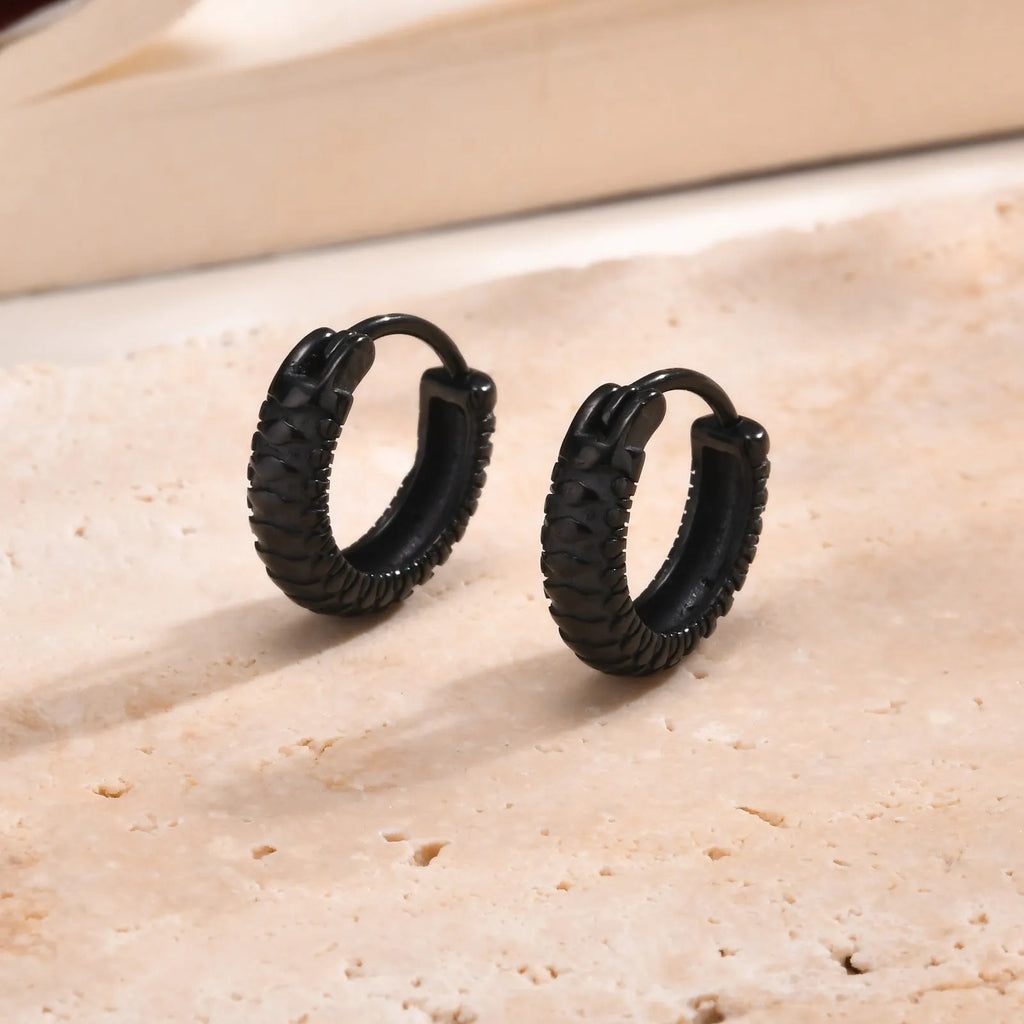 Black stainless steel earrings with snake pattern design for hip hop and punk jewellery styles