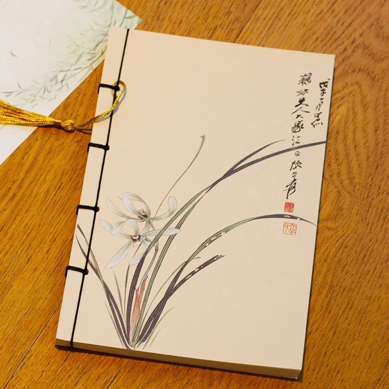 A5 antique wire-bound notebook with retro painting cover, wax rope binding, and tassels