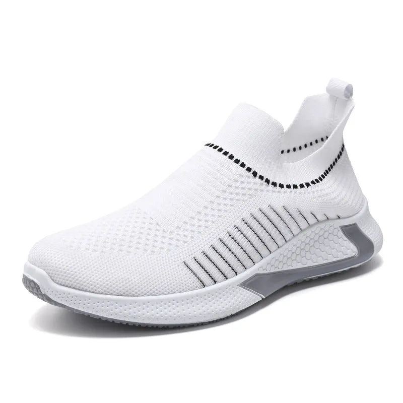 Men's mesh sock shoes with striped design and flyknit upper in black, white colour options