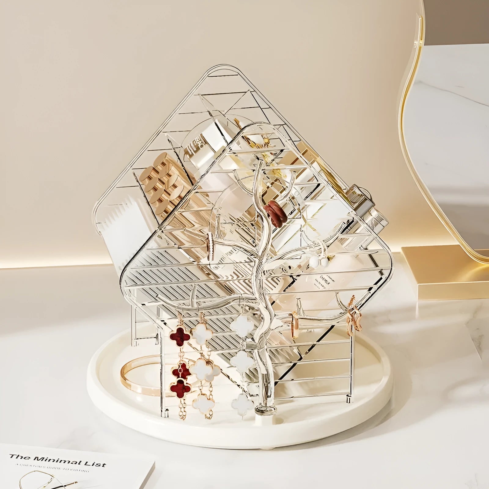 Rotating cosmetics storage box in clear or amber gold with 360-degree rotation mechanism