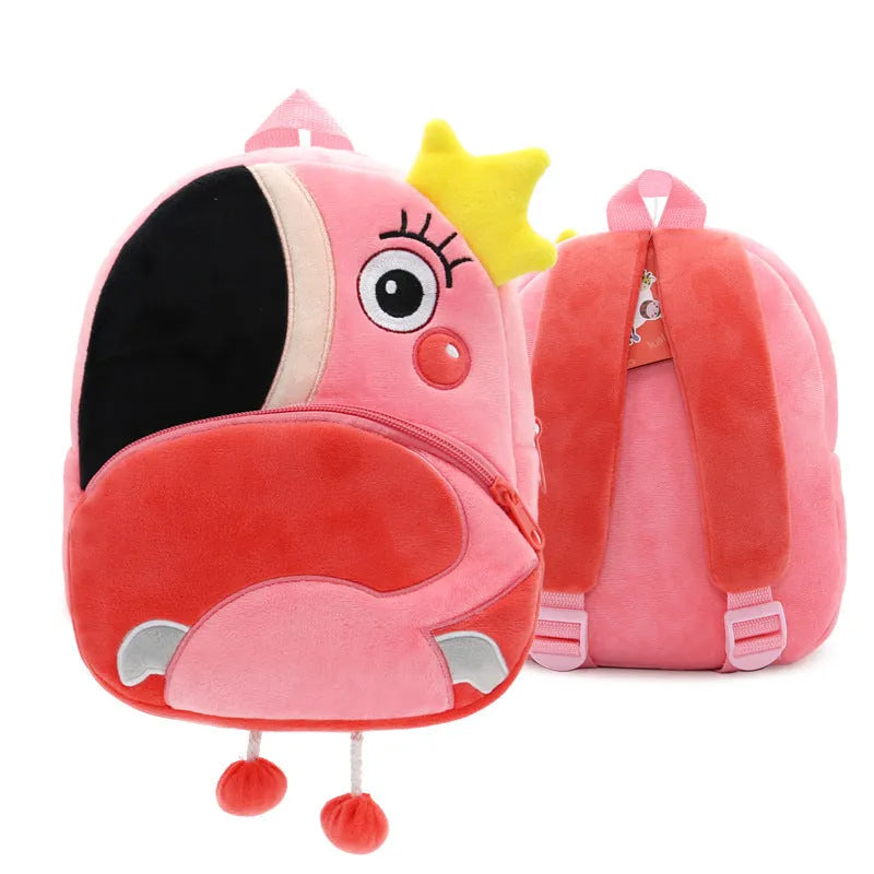 Cute plush animal backpack for children in elephant design, showing front zipper and straps.