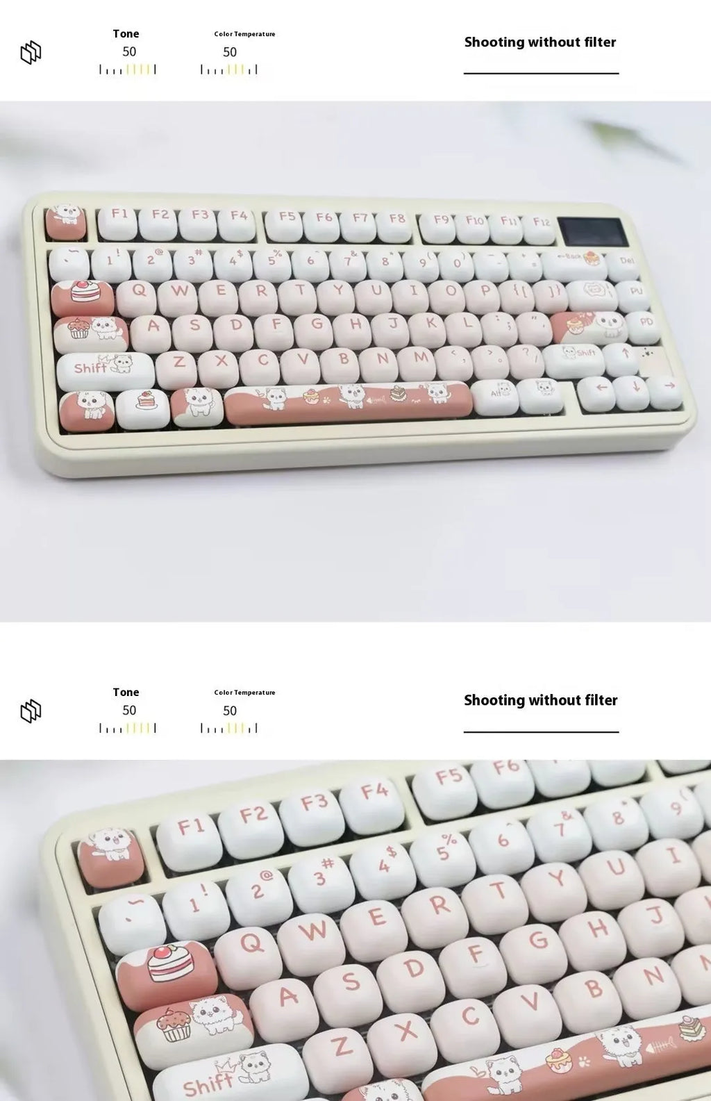Dessert cat themed MOG round keycap set for mechanical keyboards showing cartoon character artwork.
