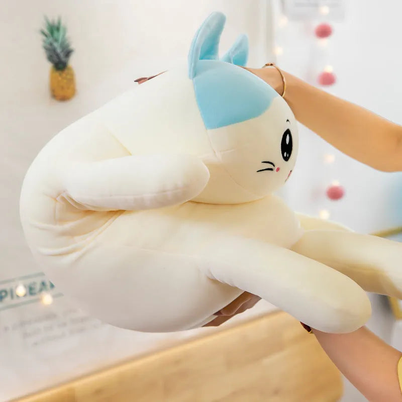 Cute cat plush toy sofa cushion in soft velvet fabric, available in blue and pink, 110cm length