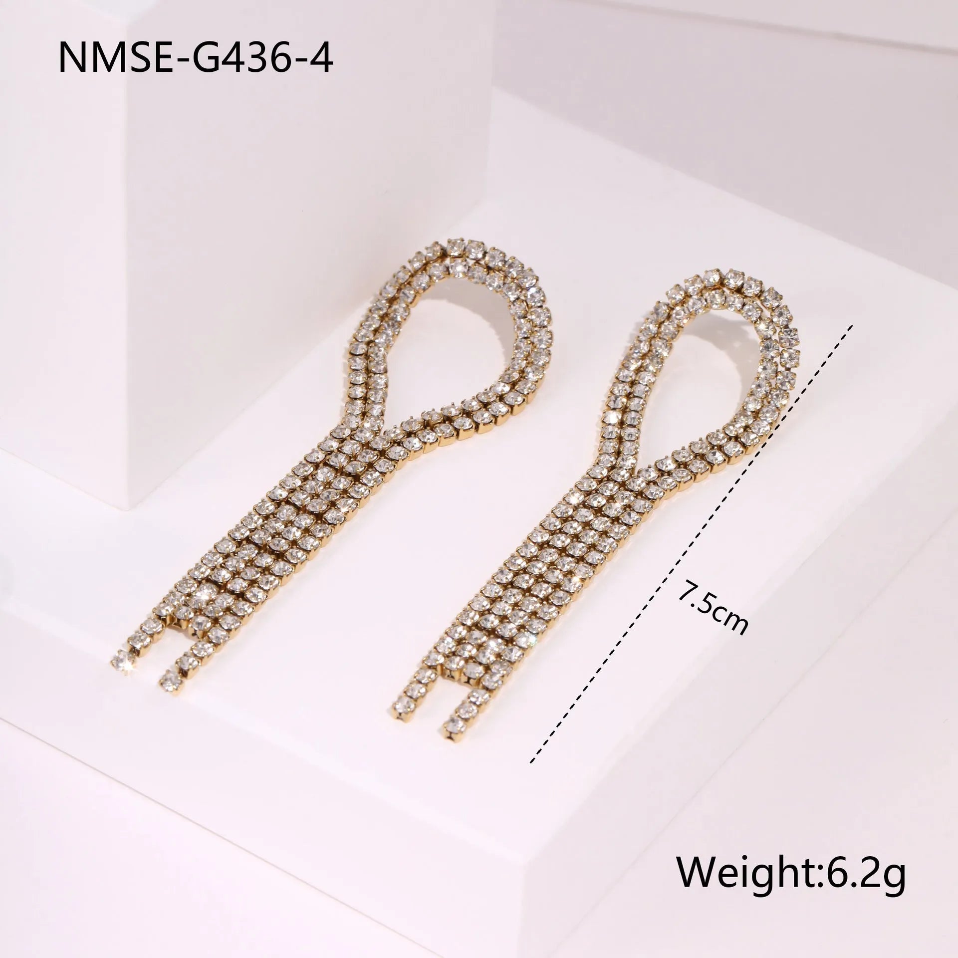 Women's stainless steel earrings with diamond tassel and heart or star shapes, 18K electroplated finish