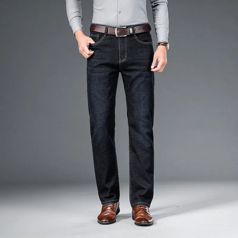Men's straight-leg elastic business trousers in dark blue cotton denim, mid-waist, sizes 29-42