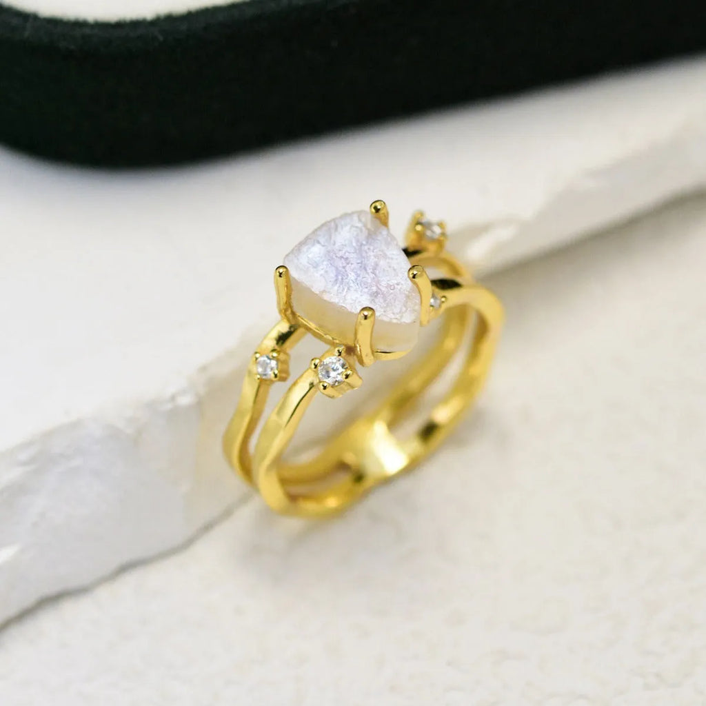 S925 sterling silver geometric triangle moonstone ring in rose gold, white gold, and yellow gold plating.