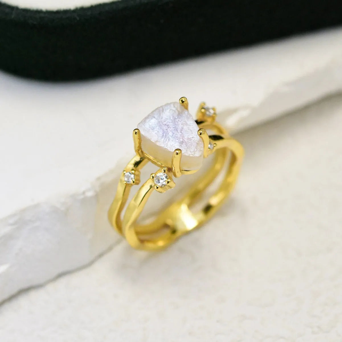 S925 sterling silver geometric triangle moonstone ring in rose gold, white gold, and yellow gold plating.