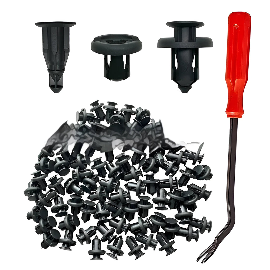 100-piece metal car bumper clip fastener stripping attachment tool set on a workbench
